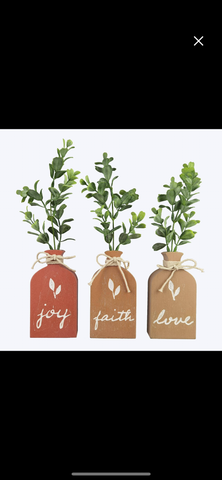 Joy, Faith, Love Wood Vase w/Artificial Flowers (3Assorted)