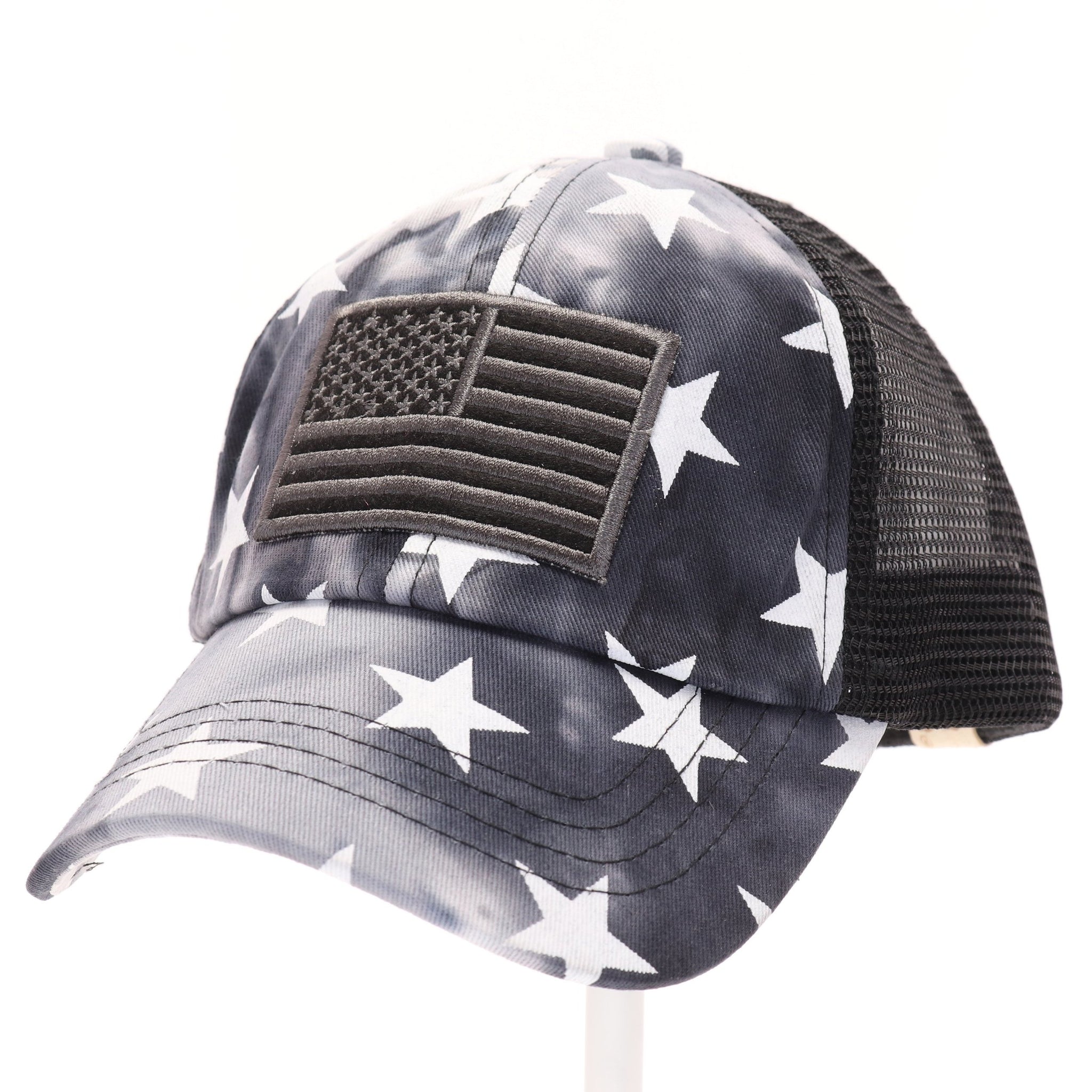 Tie Dye Star Print with USA Flag Patch Criss Cross High Pony CC Ball Cap -Kids